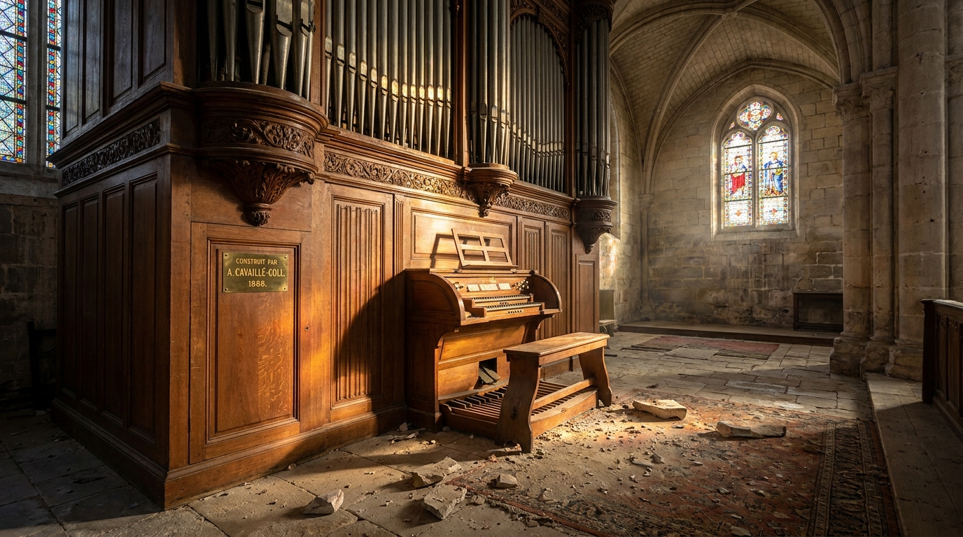 à vire normandie, l'orgue historique d'une église nécessite 39 000 € pour sa restauration après des dommages causés par une chute de pierre, afin de retrouver sa splendeur.