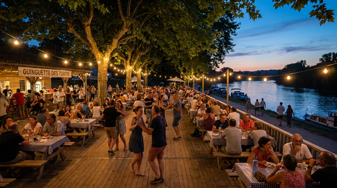 ne manquez pas la soirée inoubliable demain soir à la guinguette à tortis, bon-encontre. ambiance conviviale, musique et plaisir au rendez-vous !