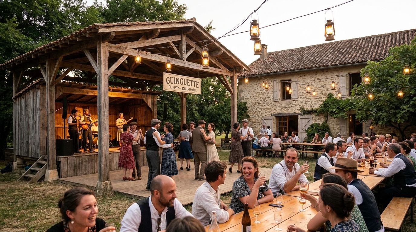 rejoignez-nous demain soir à la guinguette à tortis, bon-encontre, pour une soirée inoubliable pleine de musique, convivialité et bonne humeur.