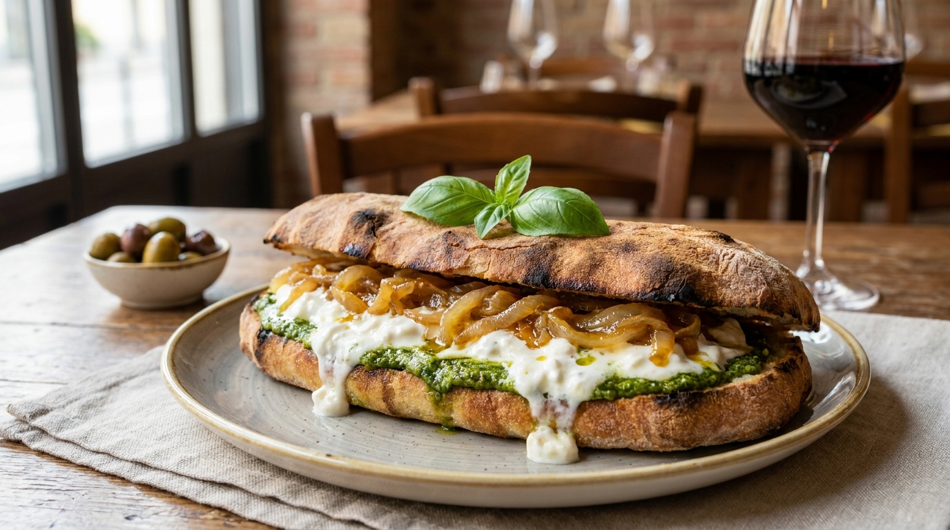 découvrez la recette gourmande du sandwich « panuozzo » au stracciatella, pesto et oignons caramélisés, un délice italien savoureux à savourer comme au restaurant.