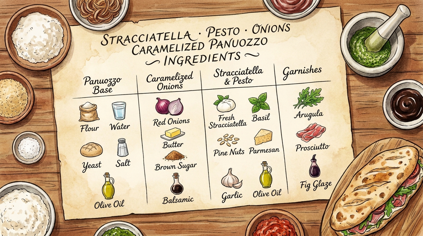 découvrez la recette gourmande du sandwich panuozzo au stracciatella, pesto et oignons caramélisés, un délice savoureux proposé par un restaurant.