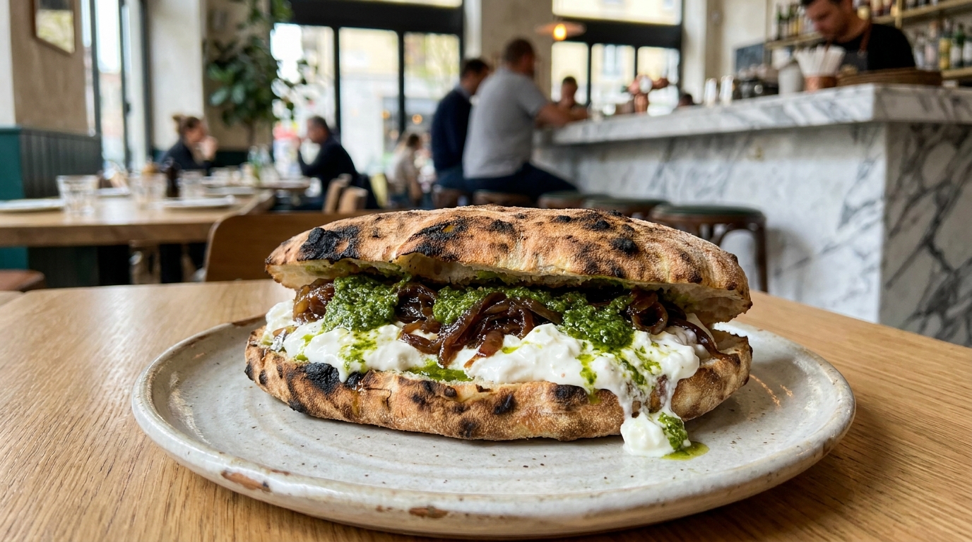 découvrez la recette gourmande du sandwich panuozzo au stracciatella, pesto et oignons caramélisés, un délice savoureux inspiré d'un restaurant réputé.