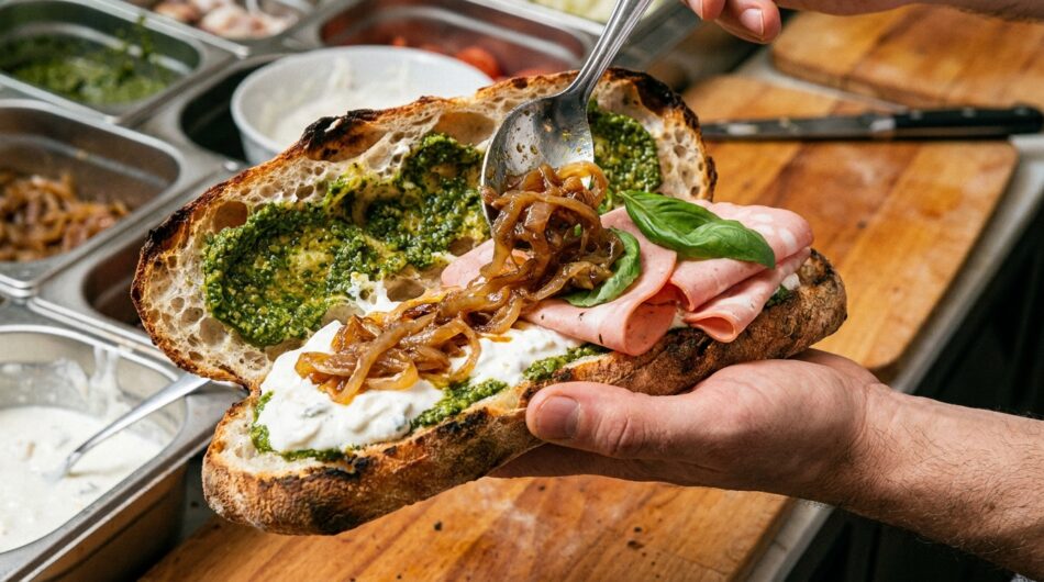 découvrez la recette gourmande du sandwich panuozzo au stracciatella, pesto et oignons caramélisés, une création savoureuse d'un restaurant qui ravira vos papilles.