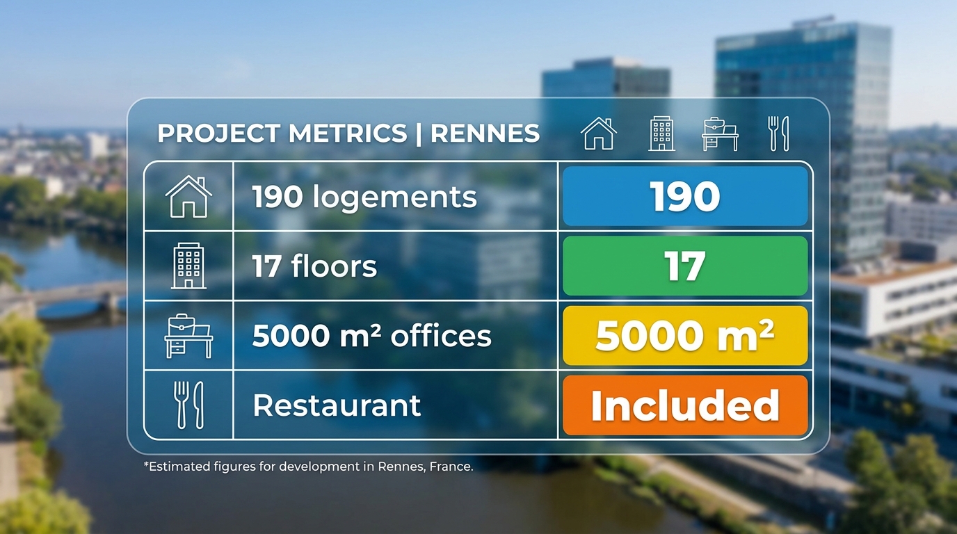 découvrez un ambitieux projet immobilier comprenant 190 logements répartis sur dix-sept étages, un restaurant et 5 000 m² de bureaux en pleine construction.