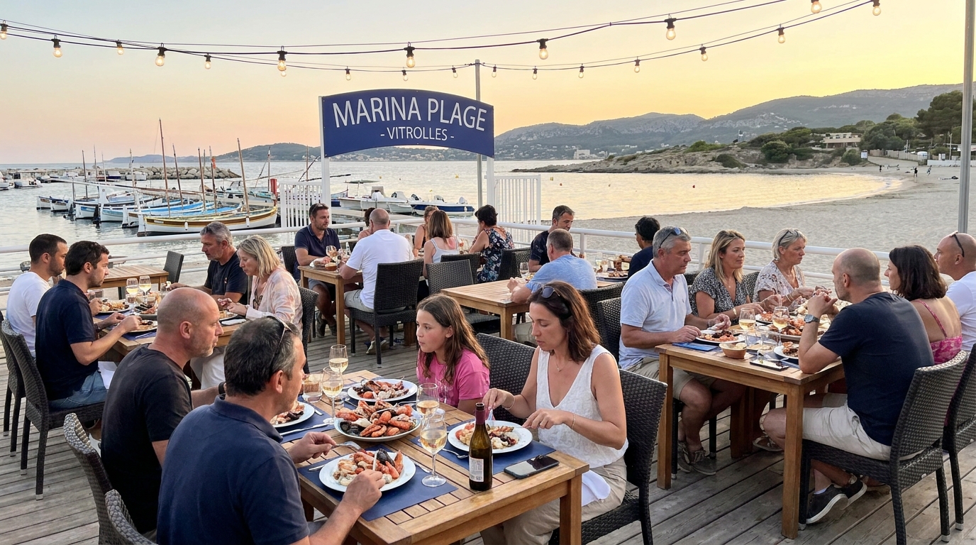 découvrez marina plage à vitrolles : profitez de repas gourmands du petit-déjeuner au dîner dans une ambiance chaleureuse et conviviale au bord de l'eau.
