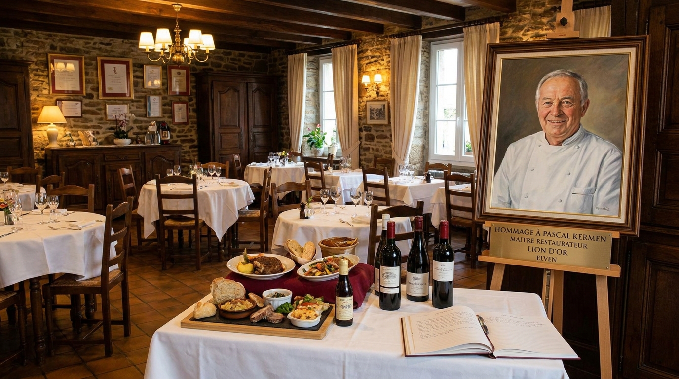 annonce du décès de pascal kermen, maître restaurateur emblématique du lion d'or à elven, en hommage à son parcours et sa contribution à la gastronomie locale.