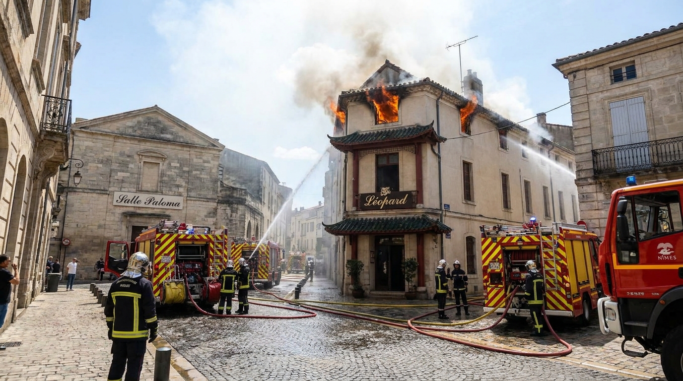 incendie au restaurant asiatique léopard près de la salle paloma à nîmes : heureusement, aucun blessé n'est à déplorer malgré l'intervention des pompiers.