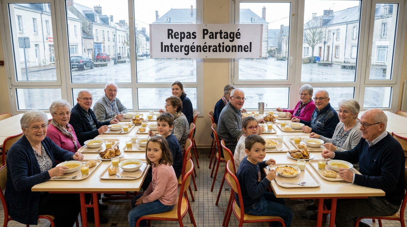 en loire-atlantique, douze aînés se retrouvent pour un déjeuner convivial au restaurant scolaire de la commune, favorisant les échanges intergénérationnels et le lien social.
