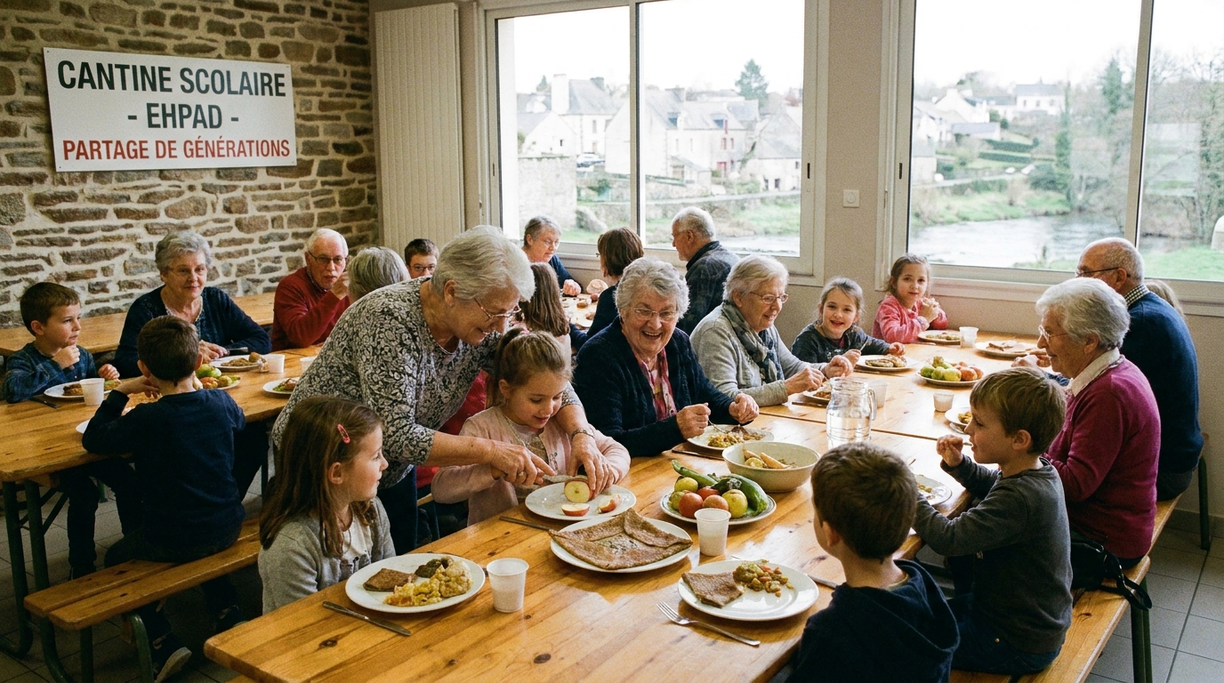 en loire-atlantique, douze aînés partagent un déjeuner convivial au restaurant scolaire de la commune, renforçant les liens intergénérationnels.