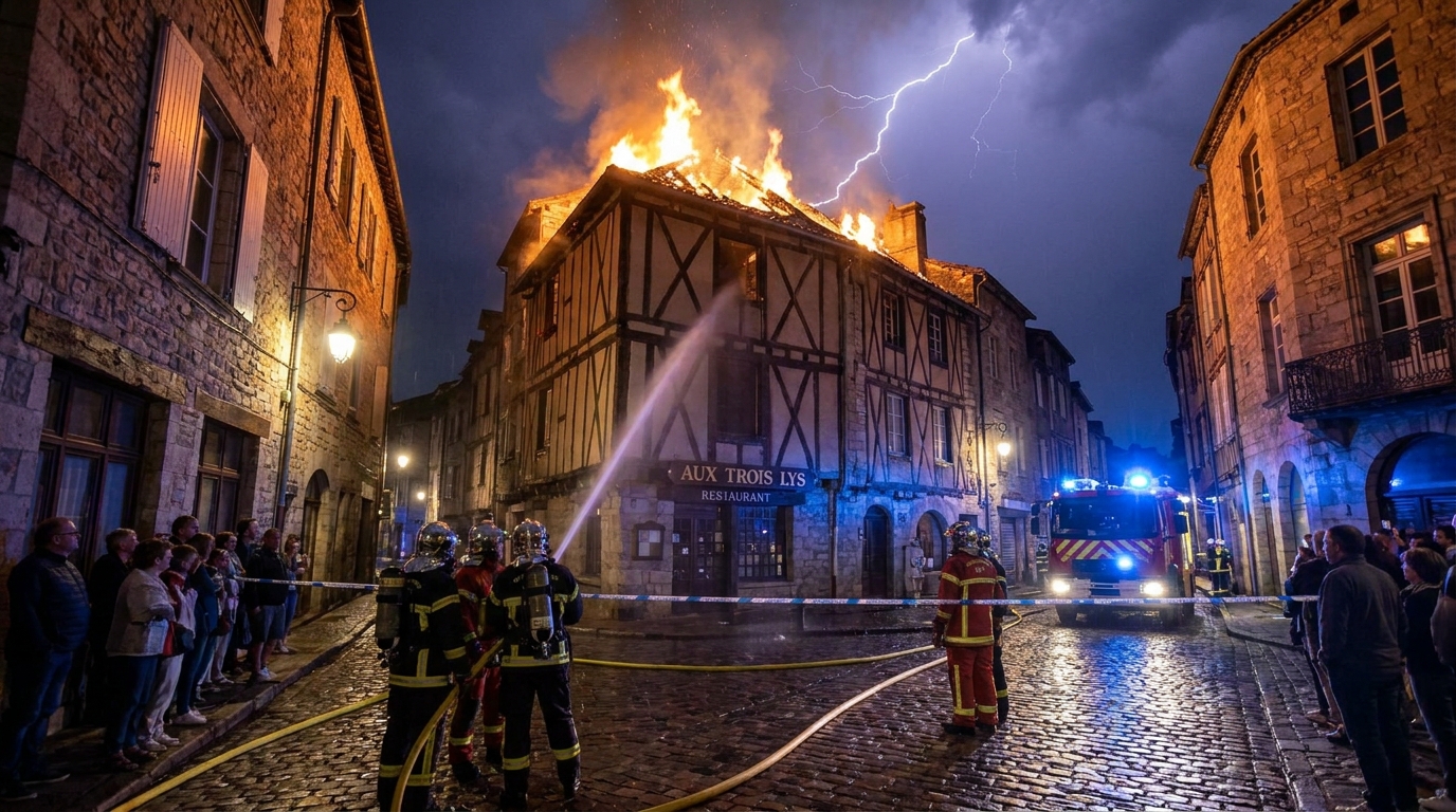 un éclair provoque un incendie dans un bâtiment lors d'orages violents, contraignant deux restaurateurs à un chômage technique temporaire.