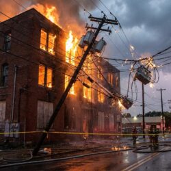 un violent orage provoque un incendie dans un bâtiment suite à un éclair, obligeant deux restaurateurs à interrompre temporairement leur activité.