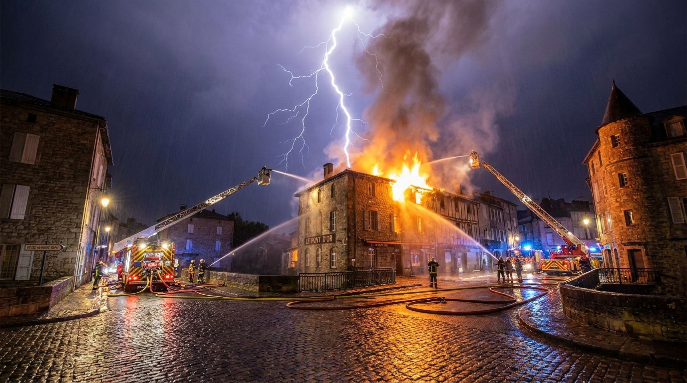 un éclair provoque un incendie dans un bâtiment lors d'orages violents, mettant deux restaurateurs en chômage technique. découvrez les détails de cet événement dramatique.