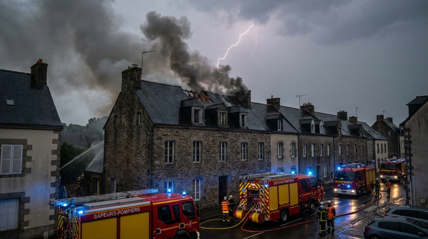 un orage violent provoque un incendie dans un bâtiment suite à un éclair, entraînant deux restaurateurs en chômage technique. découvrez les dégâts et les conséquences.