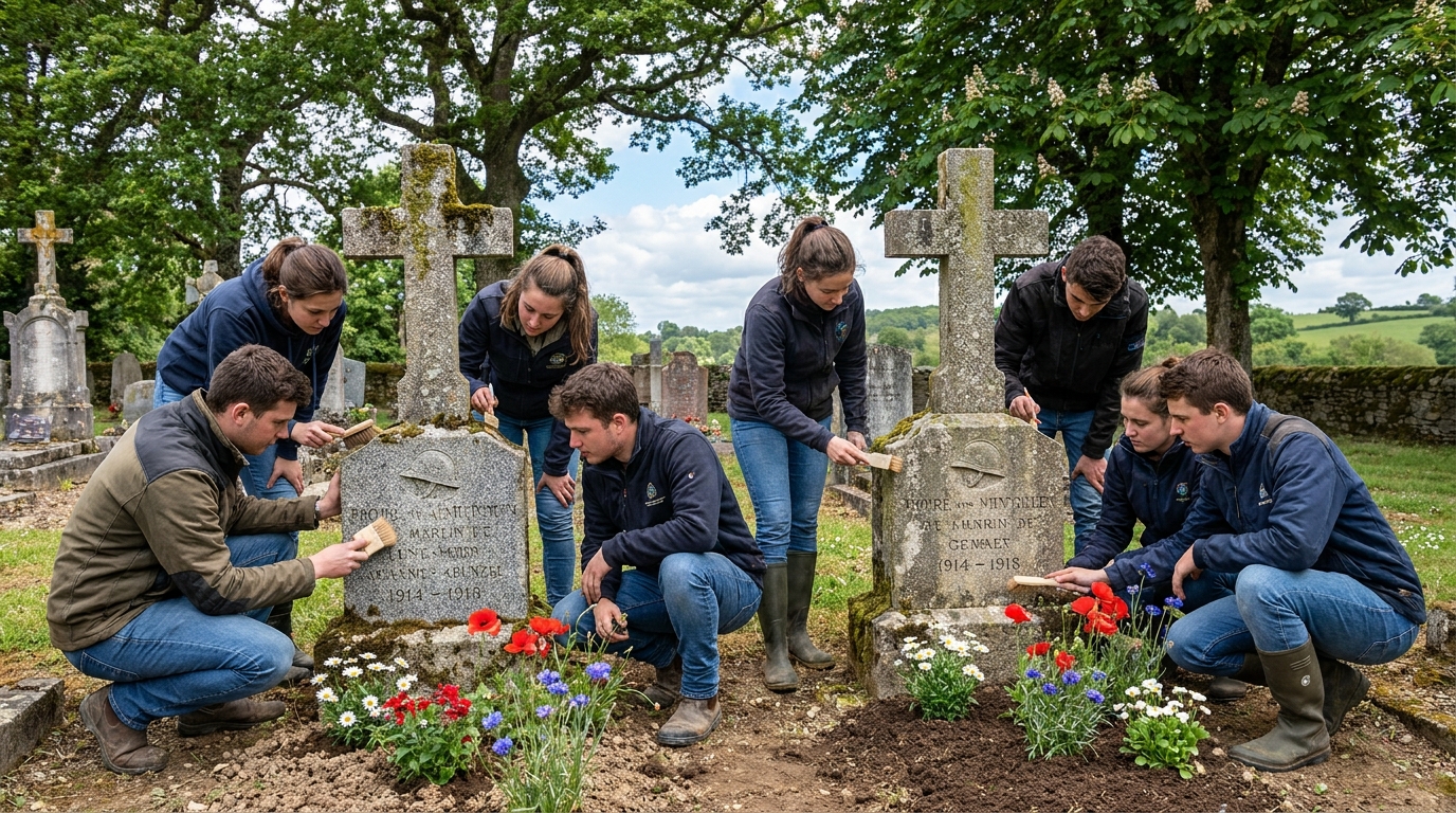 à thoiré-sur-dinan, des jeunes engagés participent à la rénovation de huit tombes de soldats poilus, honorant ainsi la mémoire des héros de la première guerre mondiale.