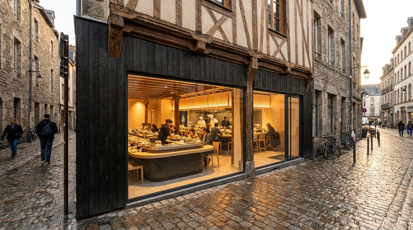 à rennes, l'ancien magasin de tissus « toto » devient un restaurant japonais innovant avec un comptoir tournant, offrant une expérience culinaire unique et moderne.