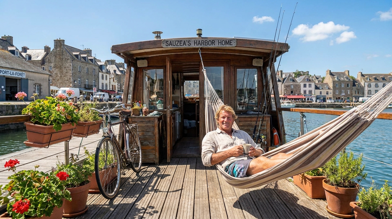découvrez la saison unique d'adam sauzea à port-la-f avec son bateau transformé en domicile flottant, alliant liberté et aventure sur l'eau.