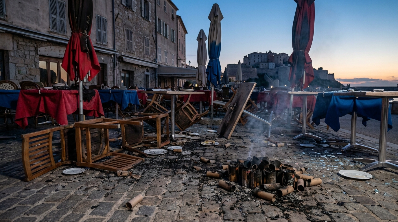 à calvi, une terrasse de restaurant a été gravement endommagée après la chute de débris d'un feu d'artifice, causant dégâts et perturbations.