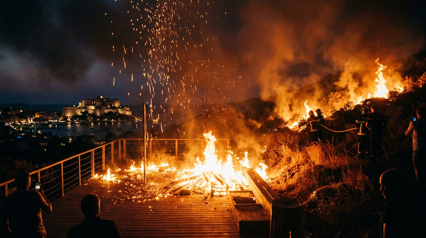 découvrez l'incident spectaculaire à calvi où la terrasse d'un restaurant a été gravement endommagée par la chute de débris d'un feu d'artifice, provoquant des dégâts importants et une mobilisation rapide des secours.