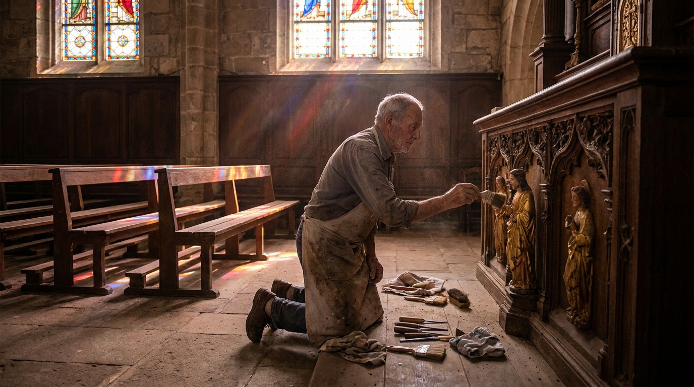 dans le lot, un villageois passionné restaure avec dévouement l'autel historique de son église locale, redonnant vie à un patrimoine précieux.