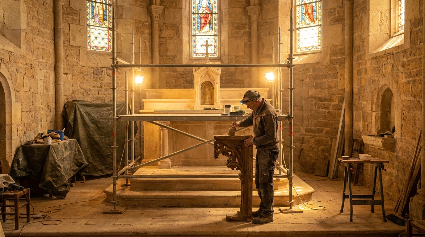 dans le lot, un villageois passionné restaure avec soin l'autel historique de son église locale, redonnant vie à ce patrimoine unique et chargé d'histoire.