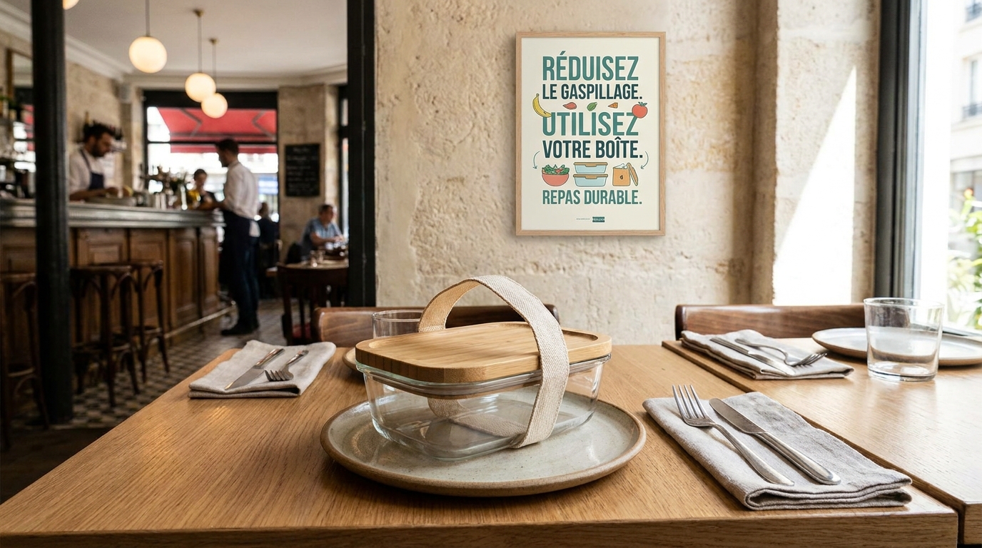 depuis 2021, la loi oblige les restaurants à proposer un doggy bag afin de réduire le gaspillage alimentaire, sous peine d'amende en cas de non-respect.