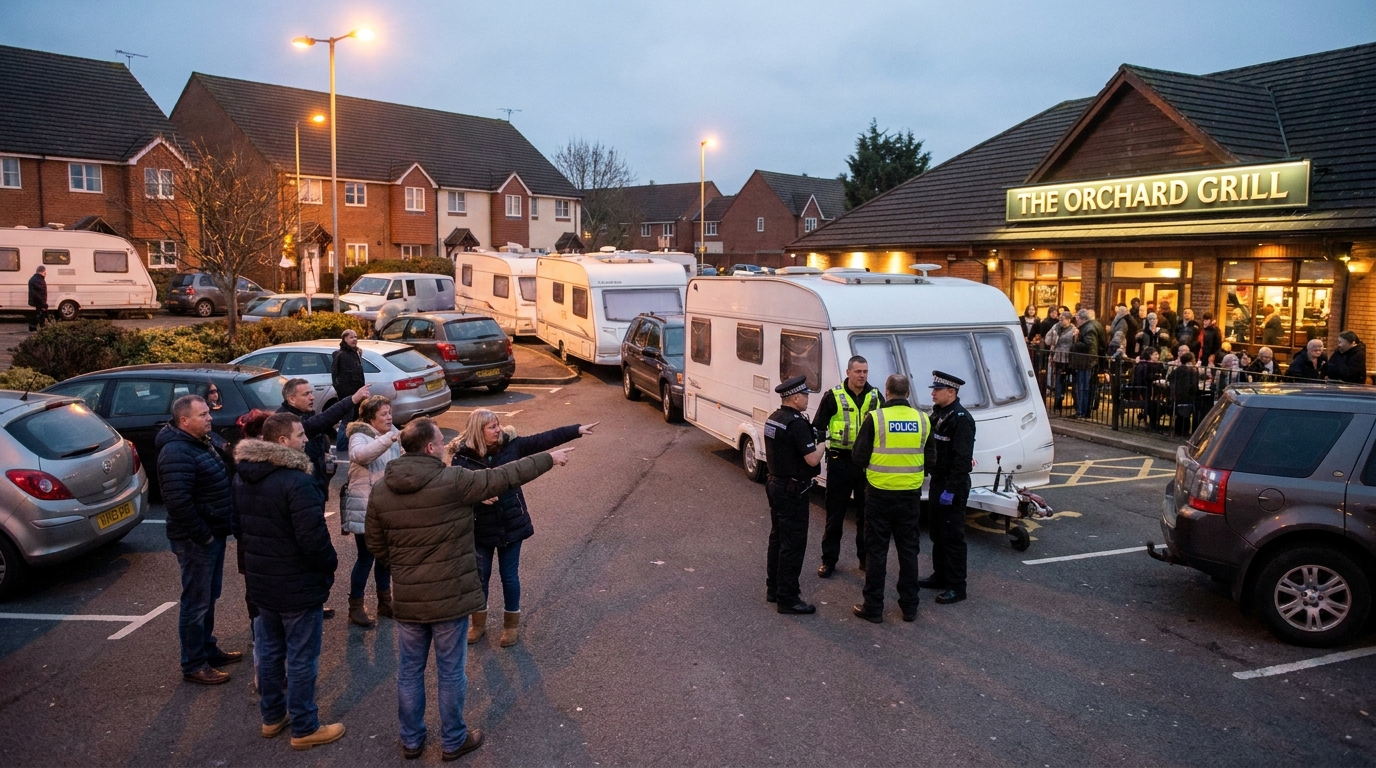 des caravanes occupent le parking d'un restaurant, entraînant l'annulation de la fête programmée et suscitant inquiétude et désorganisation.
