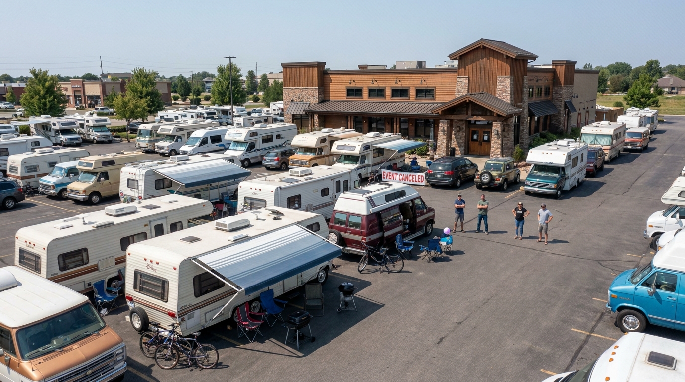 des caravanes occupent le parking d’un restaurant, entraînant l’annulation de la fête prévue et perturbant l’événement.