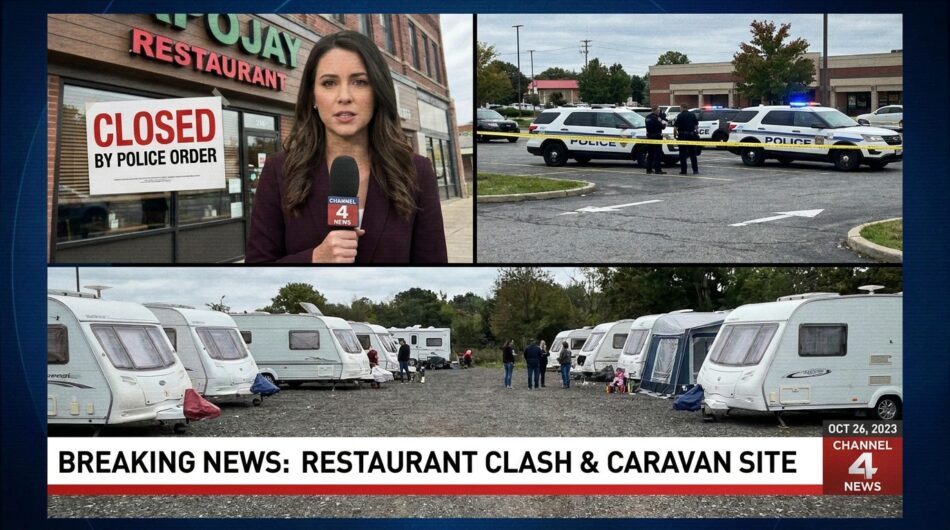 des caravanes occupent le parking d’un restaurant, obligeant à annuler la fête prévue, causant surprise et désagrément parmi les organisateurs et invités.