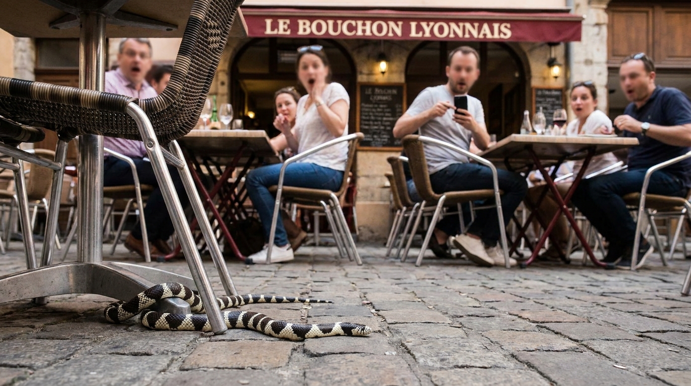 à lyon, la découverte surprenante d'un serpent de californie caché sous les chaises d'un restaurant intrigue les habitants et les visiteurs. une aventure insolite à ne pas manquer.