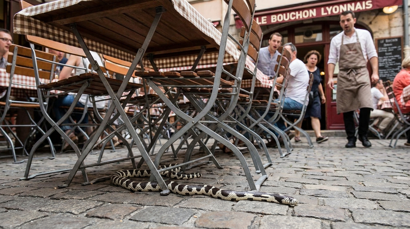 à lyon, la découverte étonnante d'un serpent de californie caché sous les chaises d'un restaurant intrigue les habitants et visiteurs, révélant une scène insolite en plein cœur de la ville.