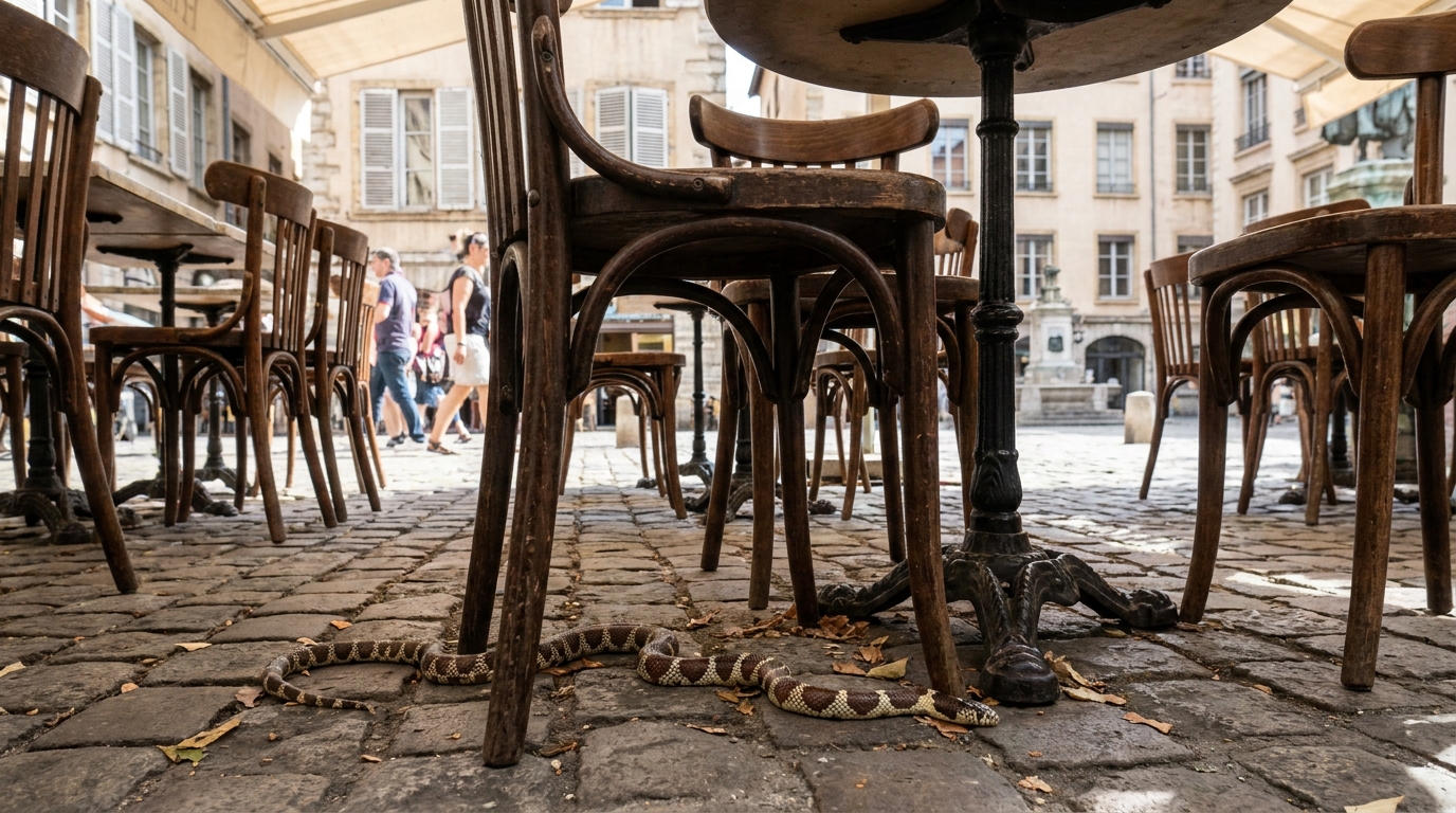 à lyon, une découverte insolite : un serpent de californie caché sous les chaises d'un restaurant, éveillant la surprise et la curiosité des clients.