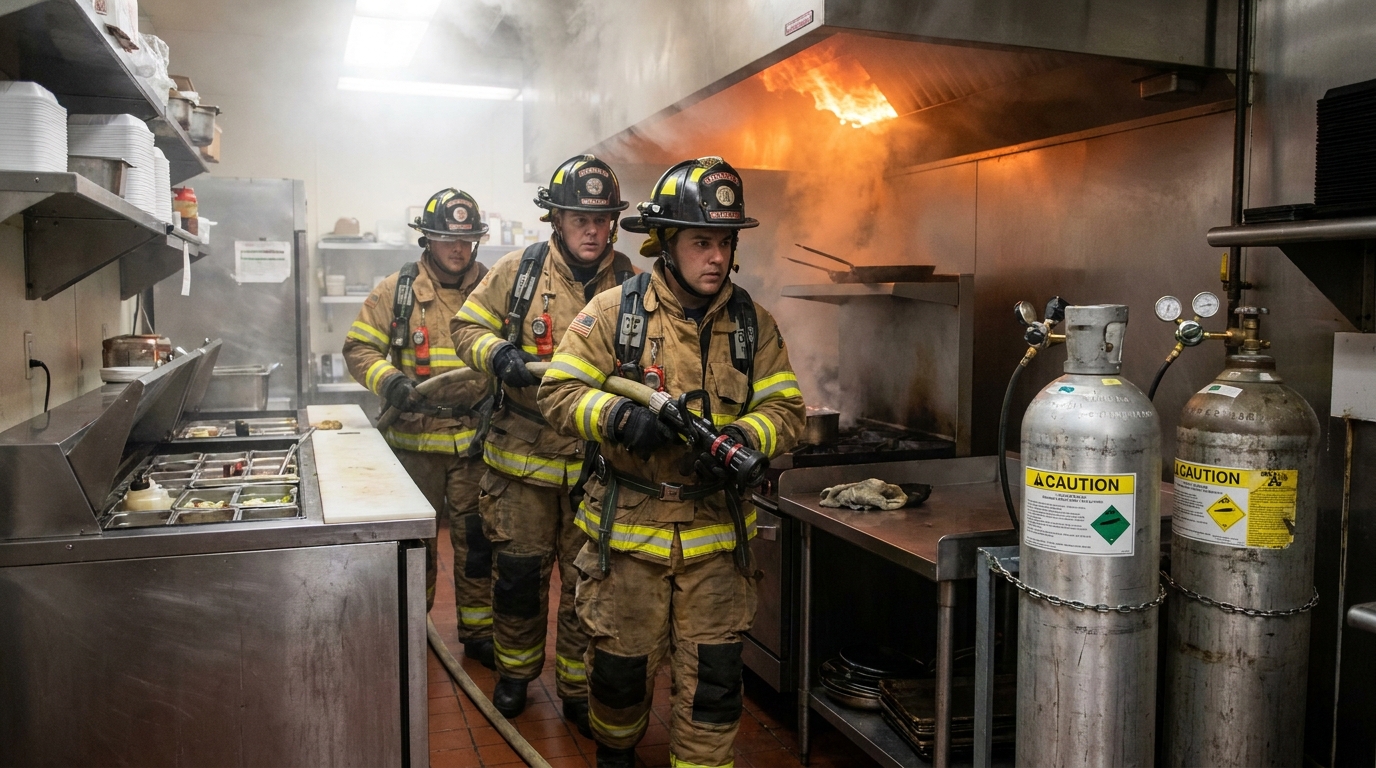 un incendie se déclare dans la cuisine d’un restaurant, mettant en danger des bouteilles de gaz entreposées à proximité. découvrez les mesures prises pour maîtriser la situation et assurer la sécurité.