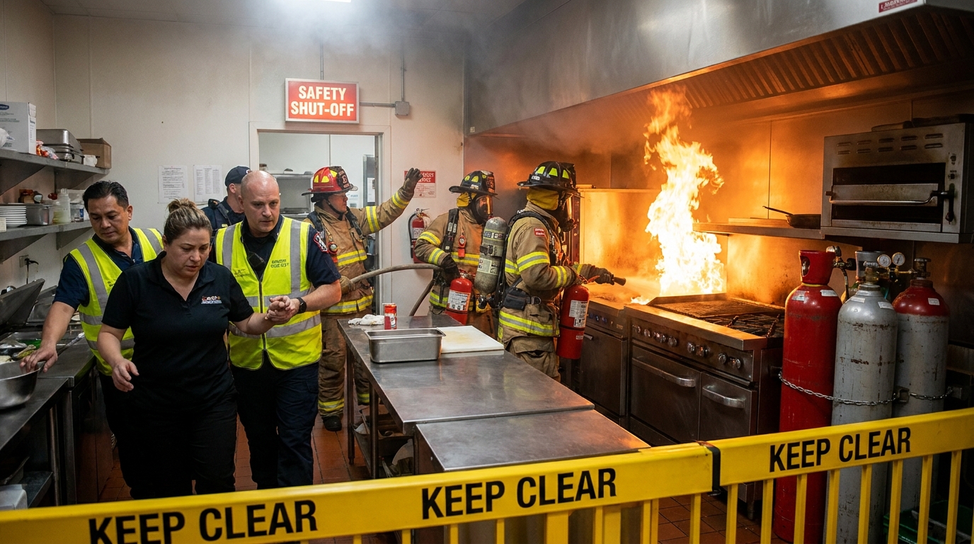 un incendie déclaré dans la cuisine d’un restaurant met en danger des bouteilles de gaz entreposées, risquant une explosion imminente et mobilisant les équipes de secours.