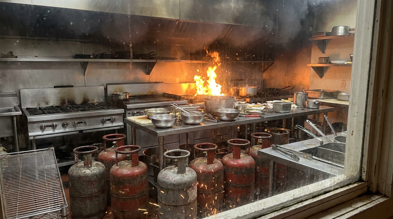 un incendie se déclare dans la cuisine d'un restaurant, mettant en danger des bouteilles de gaz stockées à proximité. découvrez les mesures prises pour maîtriser la situation rapidement.