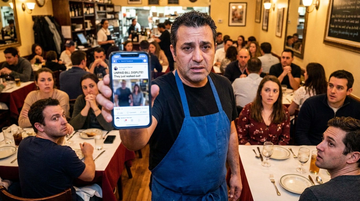 un restaurant publie sur facebook des accusations d'impayés envers certains clients, qui répondent, s'expliquent et trouvent finalement une solution pour régler le litige.