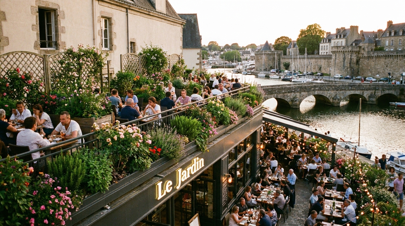 découvrez à vannes un bar-restaurant au charme unique, doté d'une terrasse-jardin au bord de l'eau, idéal pour des moments de détente et de gourmandise en pleine nature.