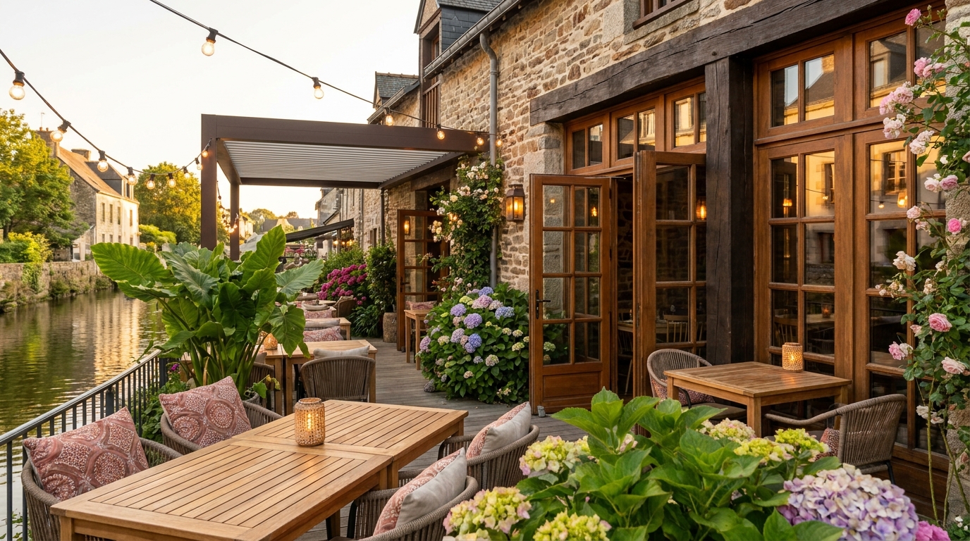 découvrez un bar-restaurant au charme unique à vannes, avec une terrasse-jardin exceptionnelle au bord de l'eau, idéale pour des moments de détente et de convivialité.