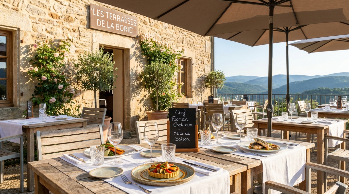 découvrez les nouveautés des terrasses de la borie à mandagout, le restaurant gastronomique de florian chekroun, alliant saveurs raffinées et cadre convivial.