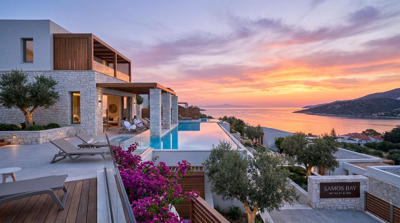 découvrez l'inauguration d'un hôtel-boutique unique en bord de mer avec spa, situé sur l'île pittoresque de samos en grèce, alliant confort, détente et beauté naturelle.