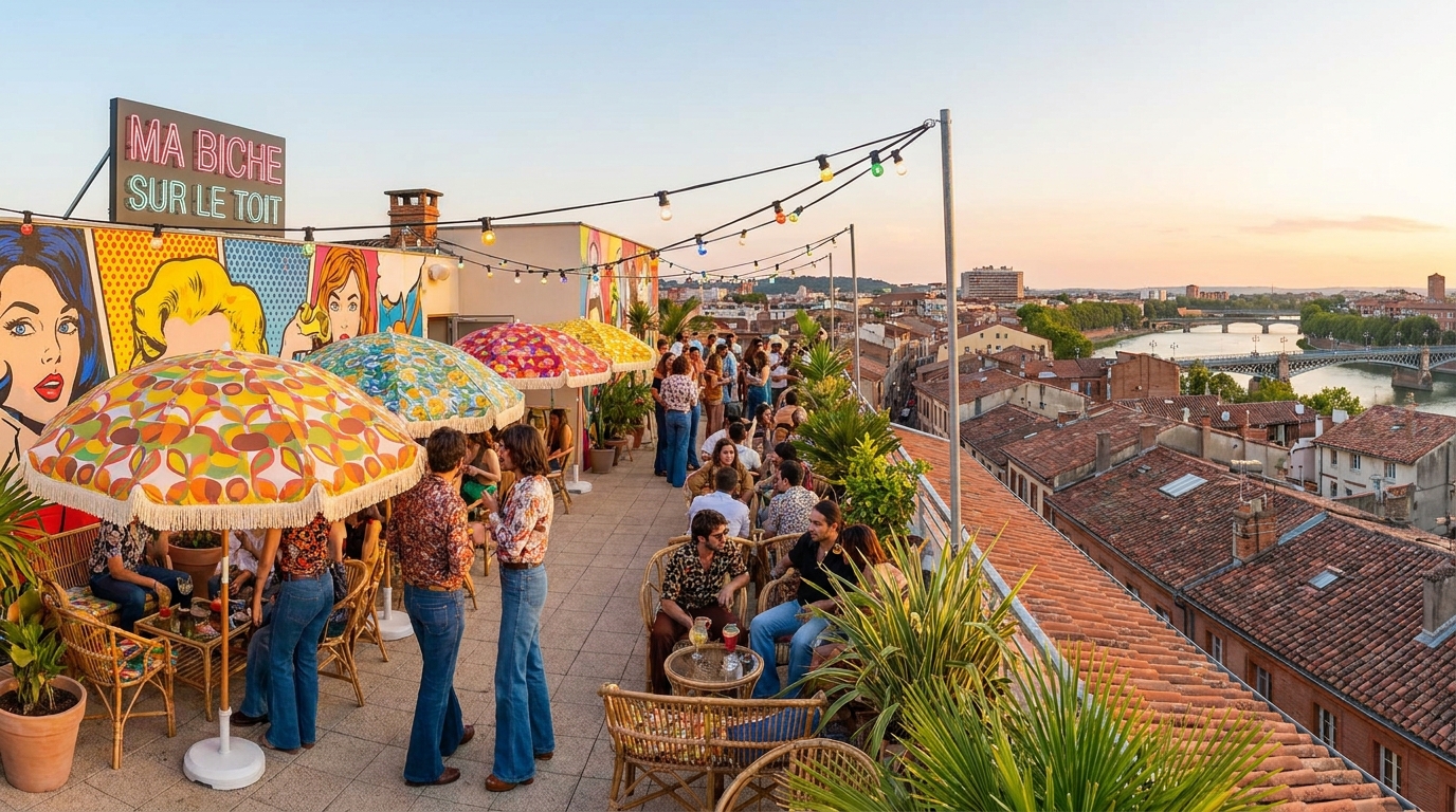 découvrez ma biche sur le toit à toulouse, un rooftop unique alliant éclats pop et vibes seventies pour des soirées inoubliables avec vue panoramique et ambiance rétro-chic.