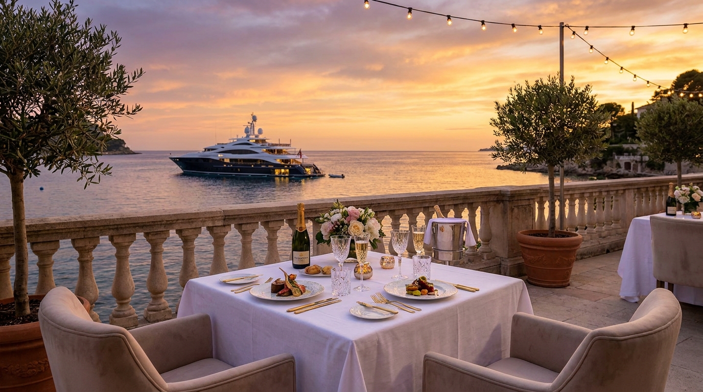 un milliardaire quitte son luxueux superyacht en méditerranée pour un dîner exclusif avec ses invités, mêlant élégance et moments privilégiés au cœur de paysages marins somptueux.