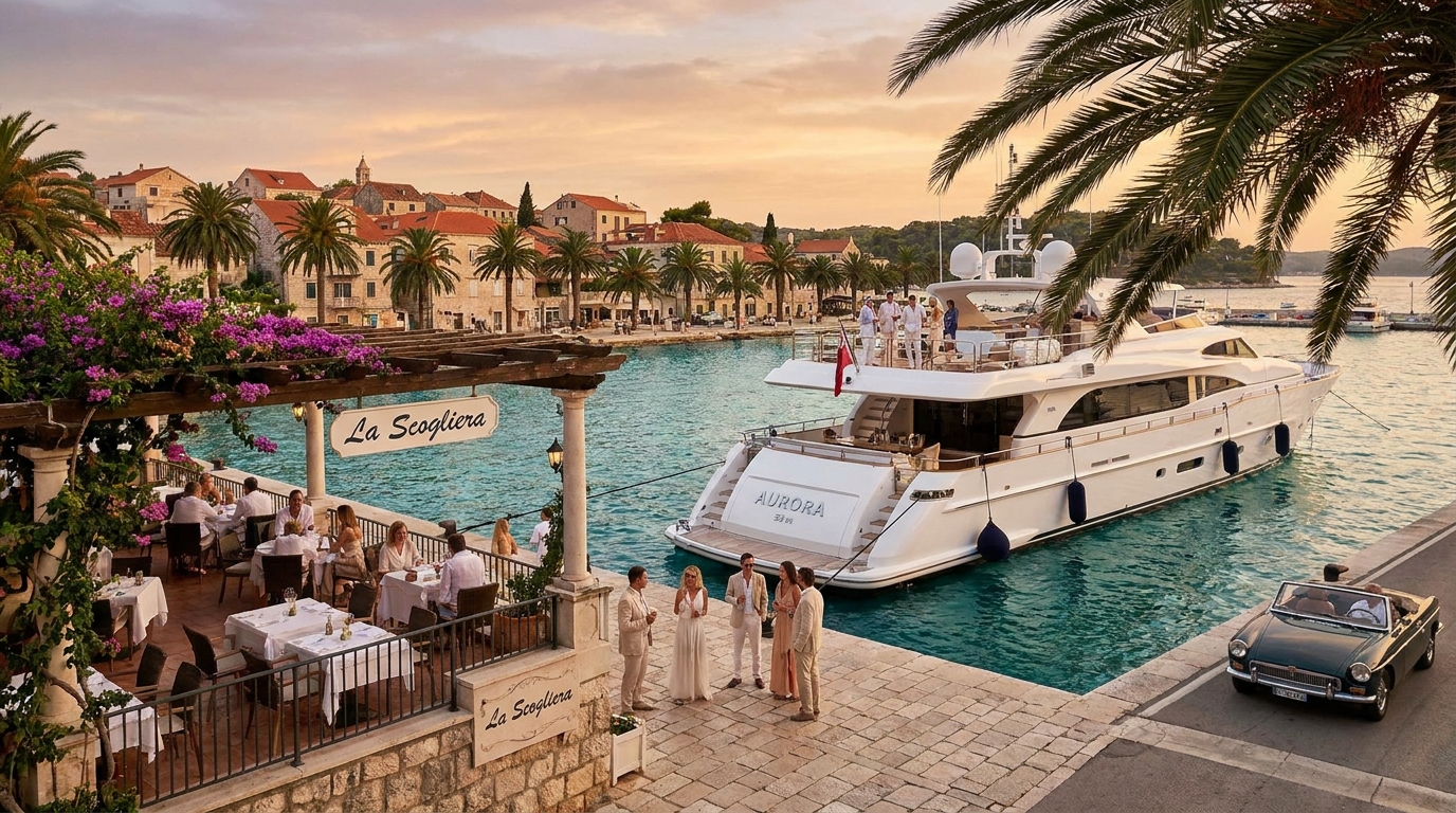 un milliardaire quitte son somptueux superyacht en méditerranée pour un dîner exclusif avec ses invités, alliant luxe et convivialité dans un cadre exceptionnel.