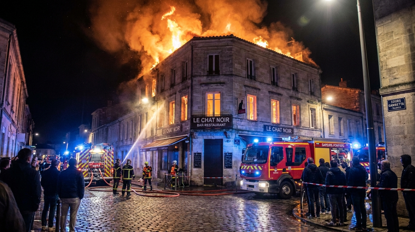 un violent incendie a ravagé un bar-restaurant près de bordeaux en pleine nuit. heureusement, aucune victime n'est à déplorer malgré les dégâts importants.