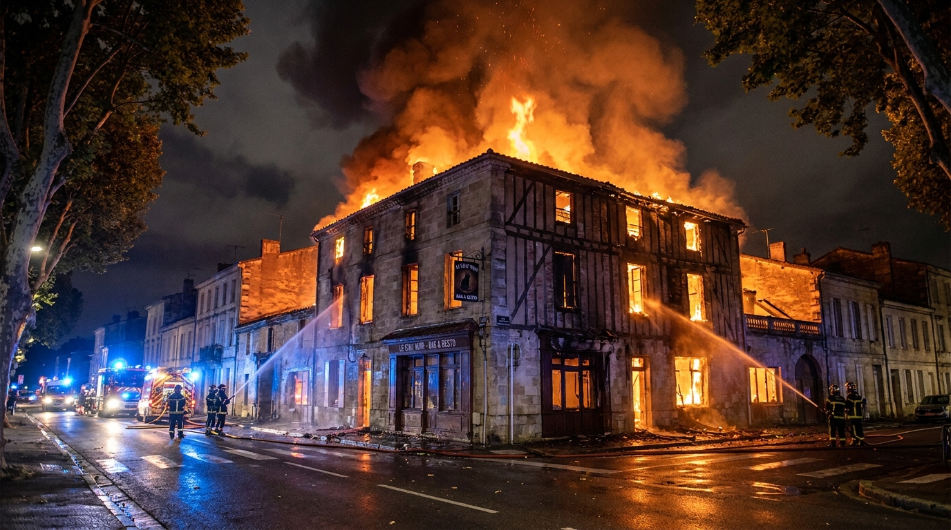 un violent incendie a ravagé un bar-restaurant près de bordeaux en pleine nuit. heureusement, aucune victime n'est à déplorer malgré d'importants dégâts matériels.